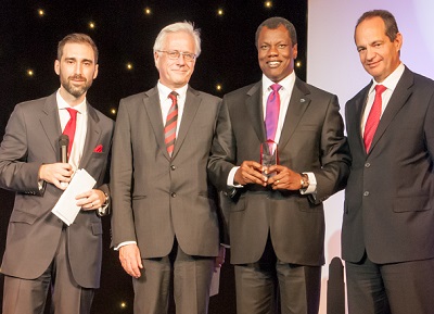 (L-R): Richardo Marques - Operations Director, Wincor, Mr. Eckard Heidloff – President & CEO, Wincor, Austin Okere – Group CEO, CWG Plc, and Mr. Paulo Gomes – President, Portugal, Middle East and Africa, Wincor during the Award ceremony in Dubai recently.